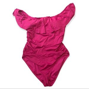 La Blanca Dark Pink Off-Shoulder Ruffle Lace-Up Swimsuit Size 14